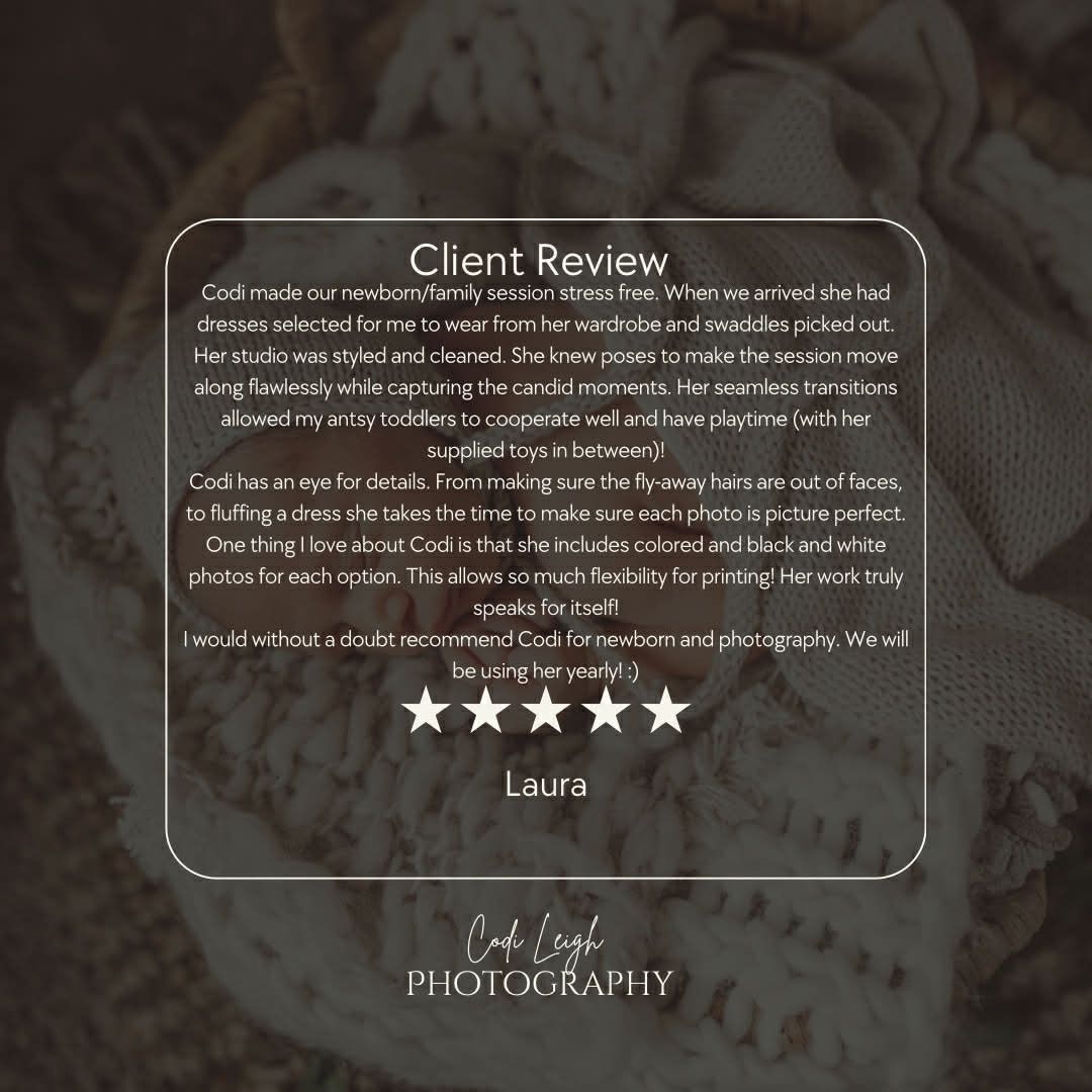 A professional photography website design featuring dark moody colors and a 5-star client review section.