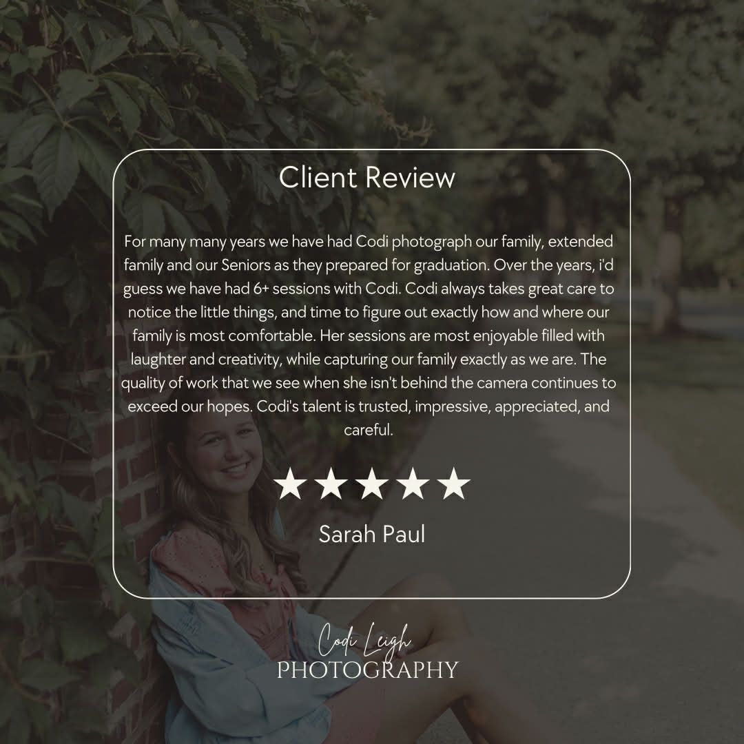 Professional photography website header with dark green foliage background and client review section displaying 5 stars.
