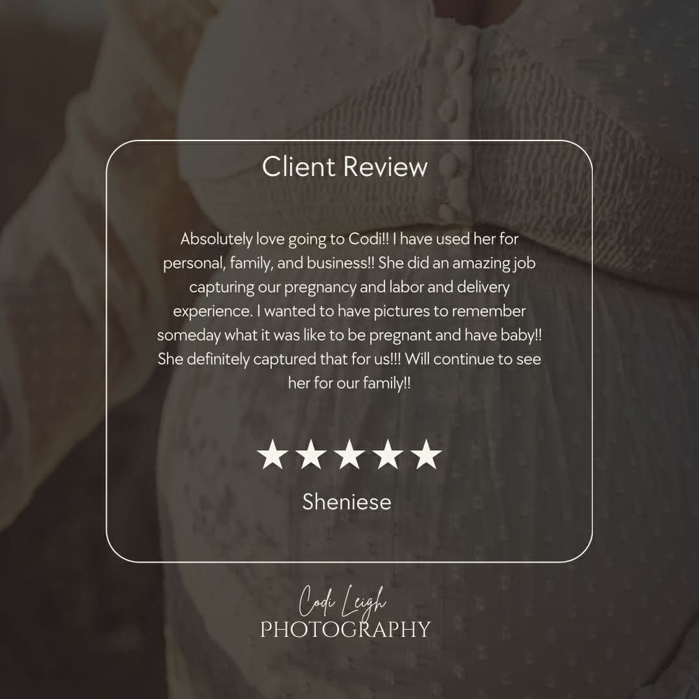 A dark and moody professional photography website layout showing a 5-star client review section.