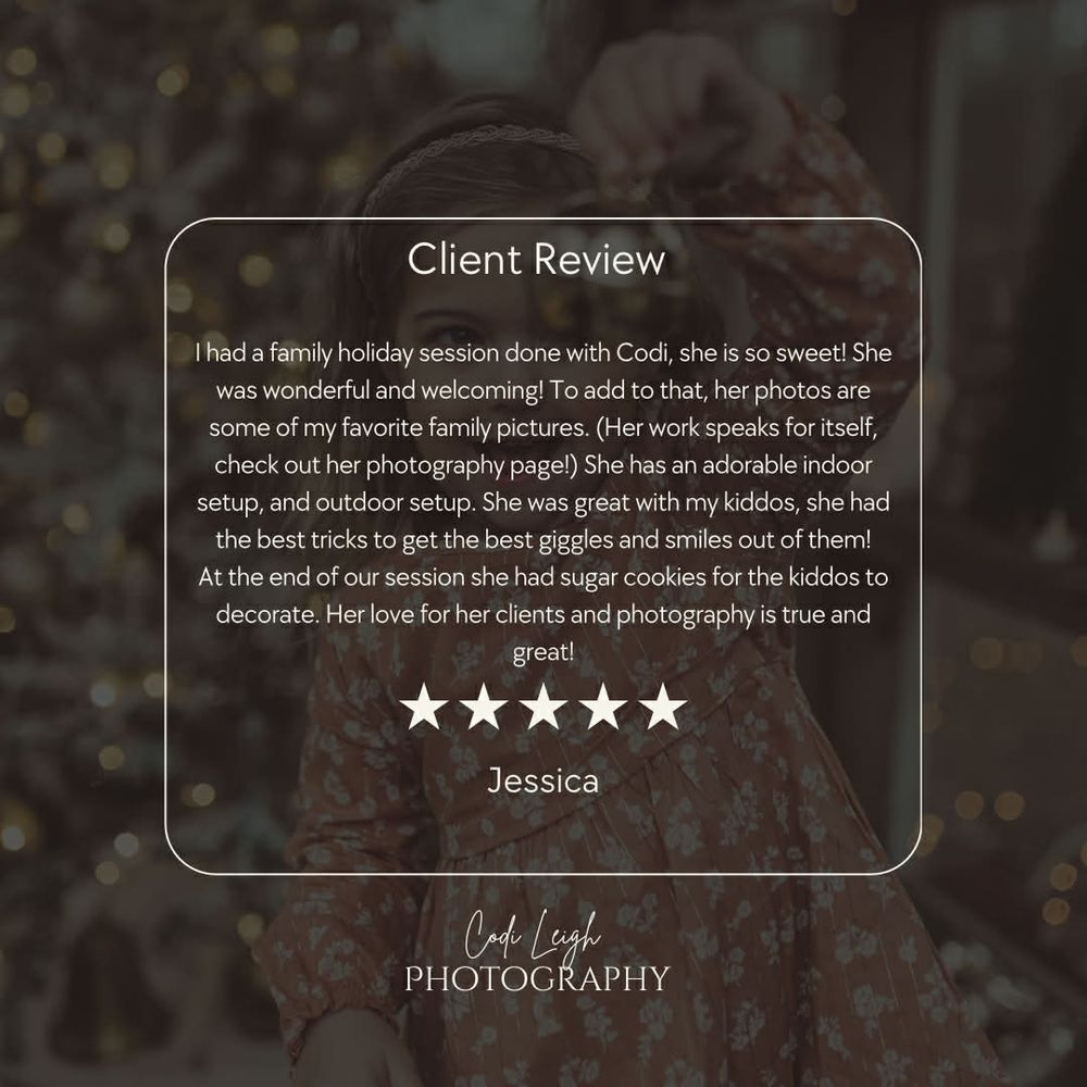 Dark moody photography website header with client review stars and testimonial text against blurred bokeh background.