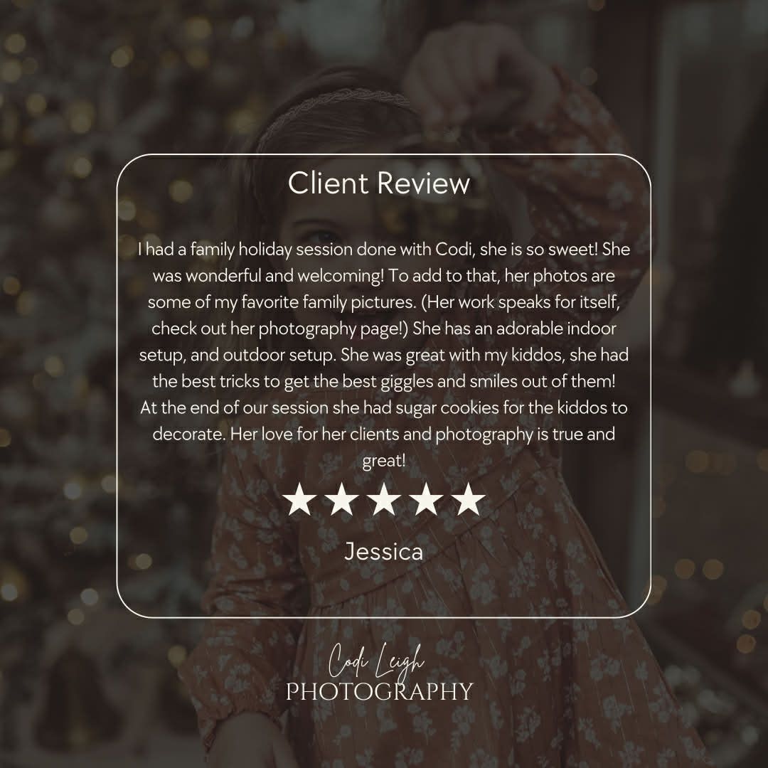Dark moody photography website header with client review stars and testimonial text against blurred bokeh background.