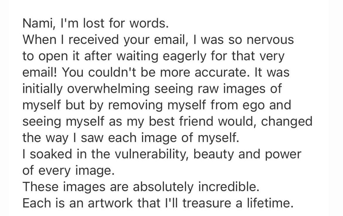 Emotional client testimonial describing a transformative experience viewing raw boudoir images captured by Nami photographer.