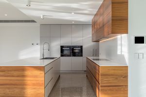 Contemporary kitchen with wood and white cabinetry, built-in appliances, and minimalist design.