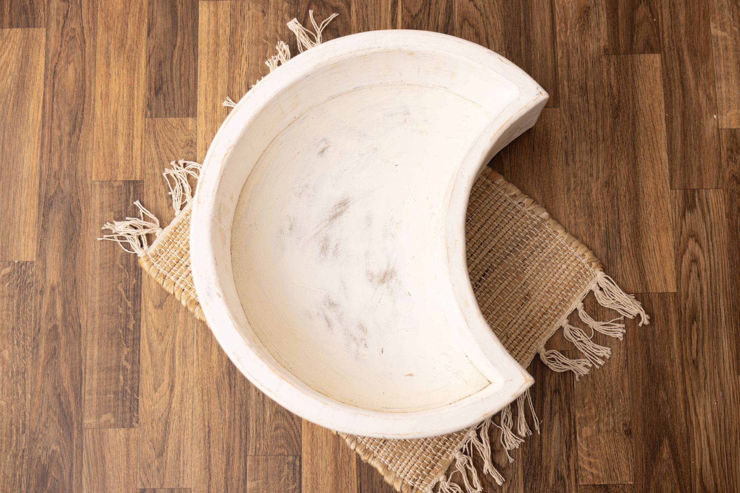 White distressed moon shaped wooden bowl