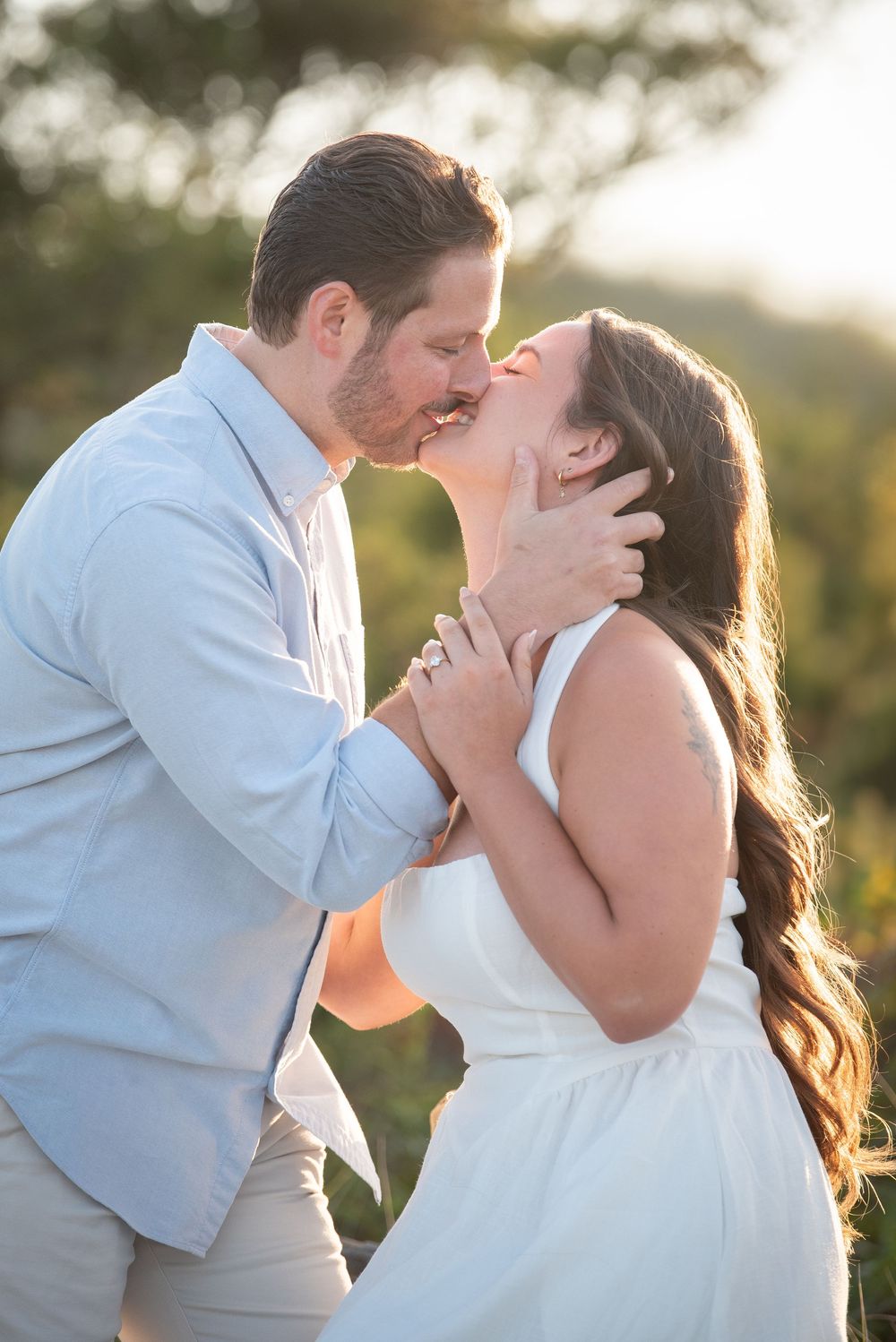 Intimate outdoor photo sequence of couple embracing and kissing at sunset.
