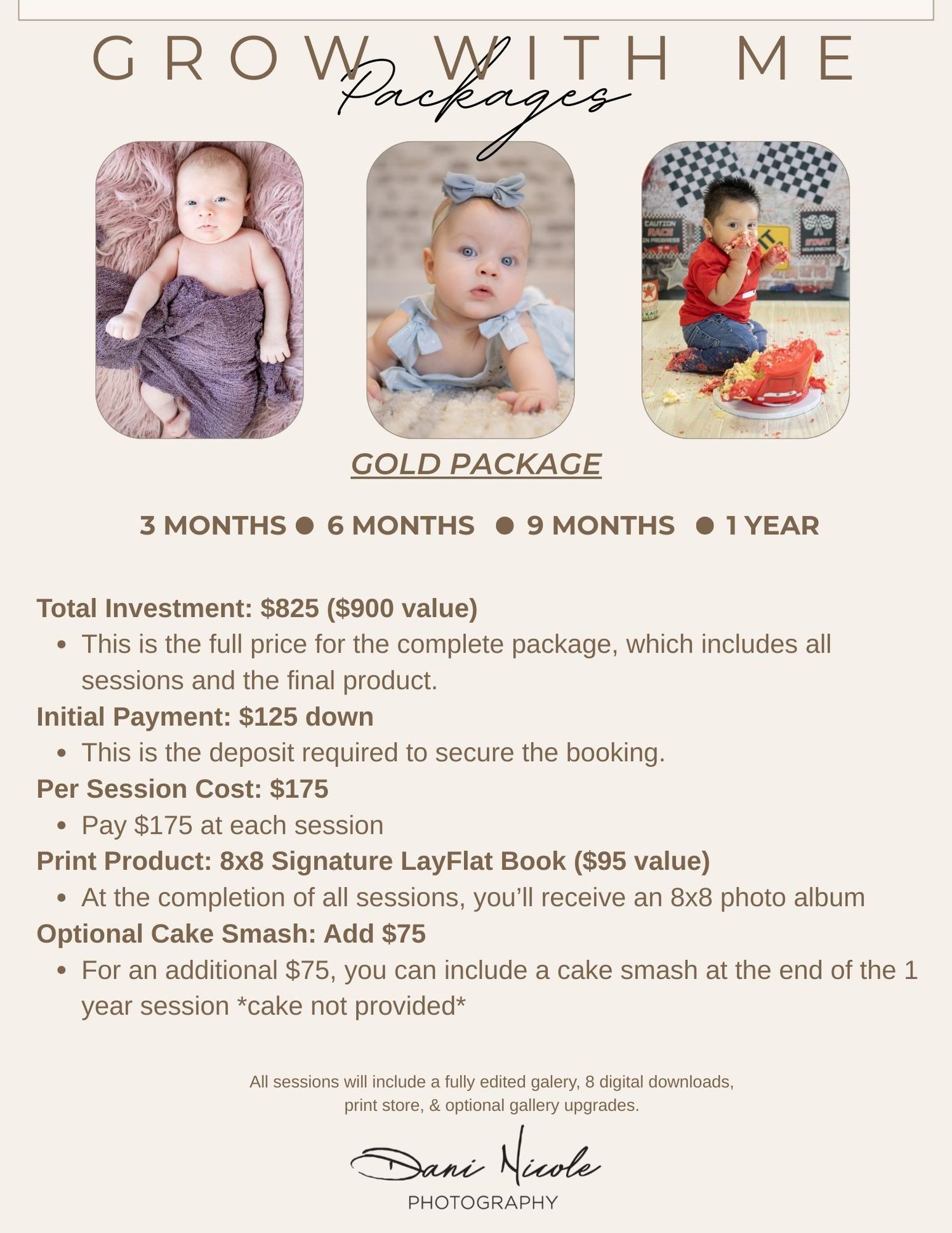 Gold package pricing information for baby milestone photography sessions with sample photos.
