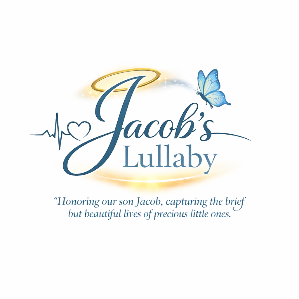 Elegant blue and gold logo design for Jacob's Lullaby with butterfly and heartbeat motif.