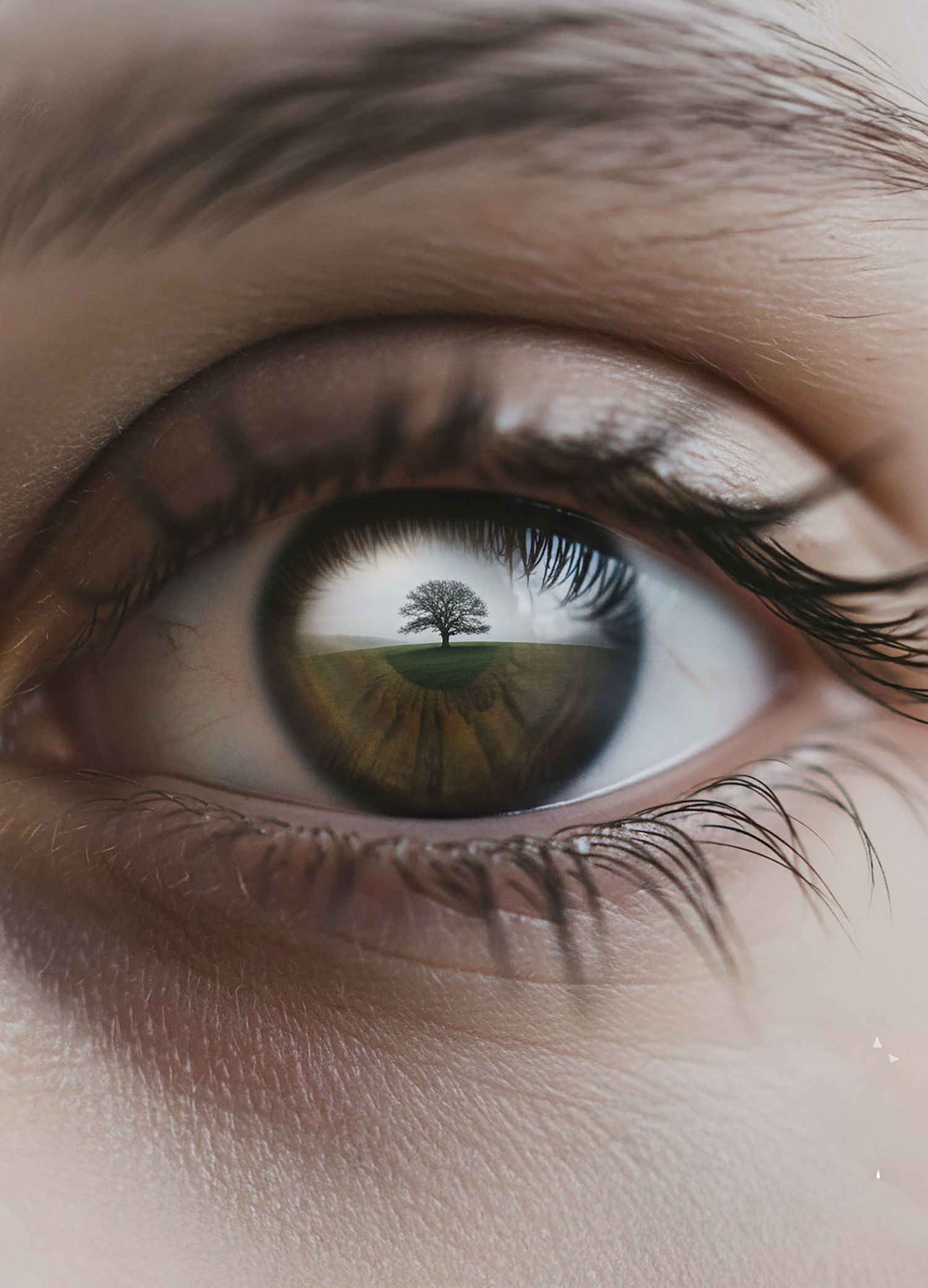 A series of close-up eye photographs showing a tree reflection in the iris creates an artistic panoramic effect.