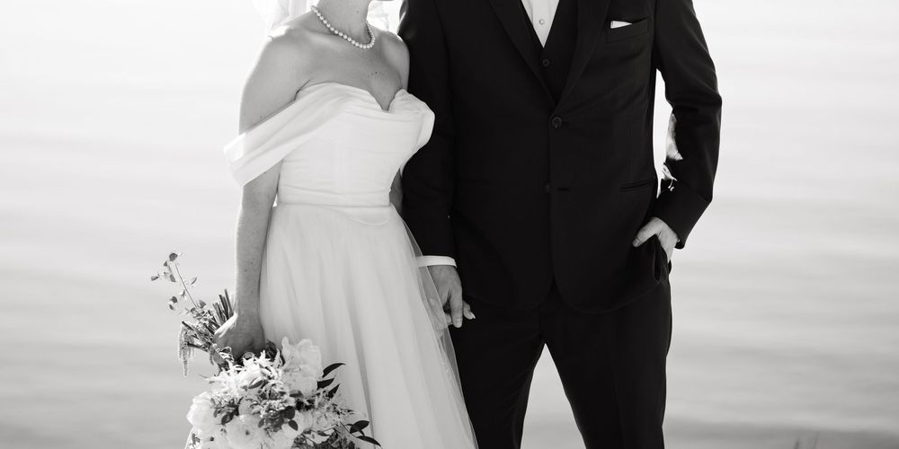 A black and white collage of wedding photos showing couples in formal attire against outdoor backgrounds.