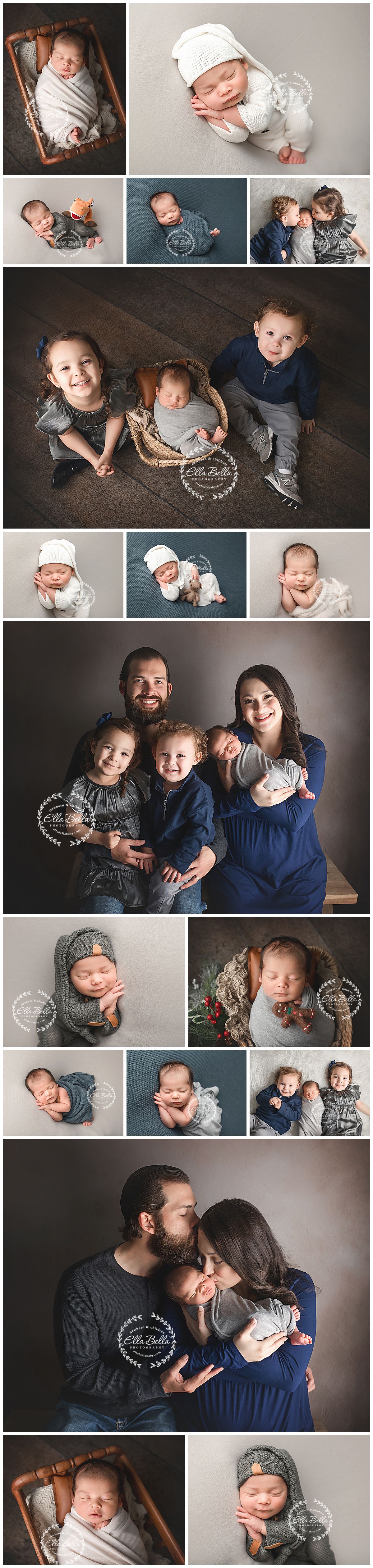 Professional family photo collage featuring lifestyle portraits and newborn photography in soft neutral tones.