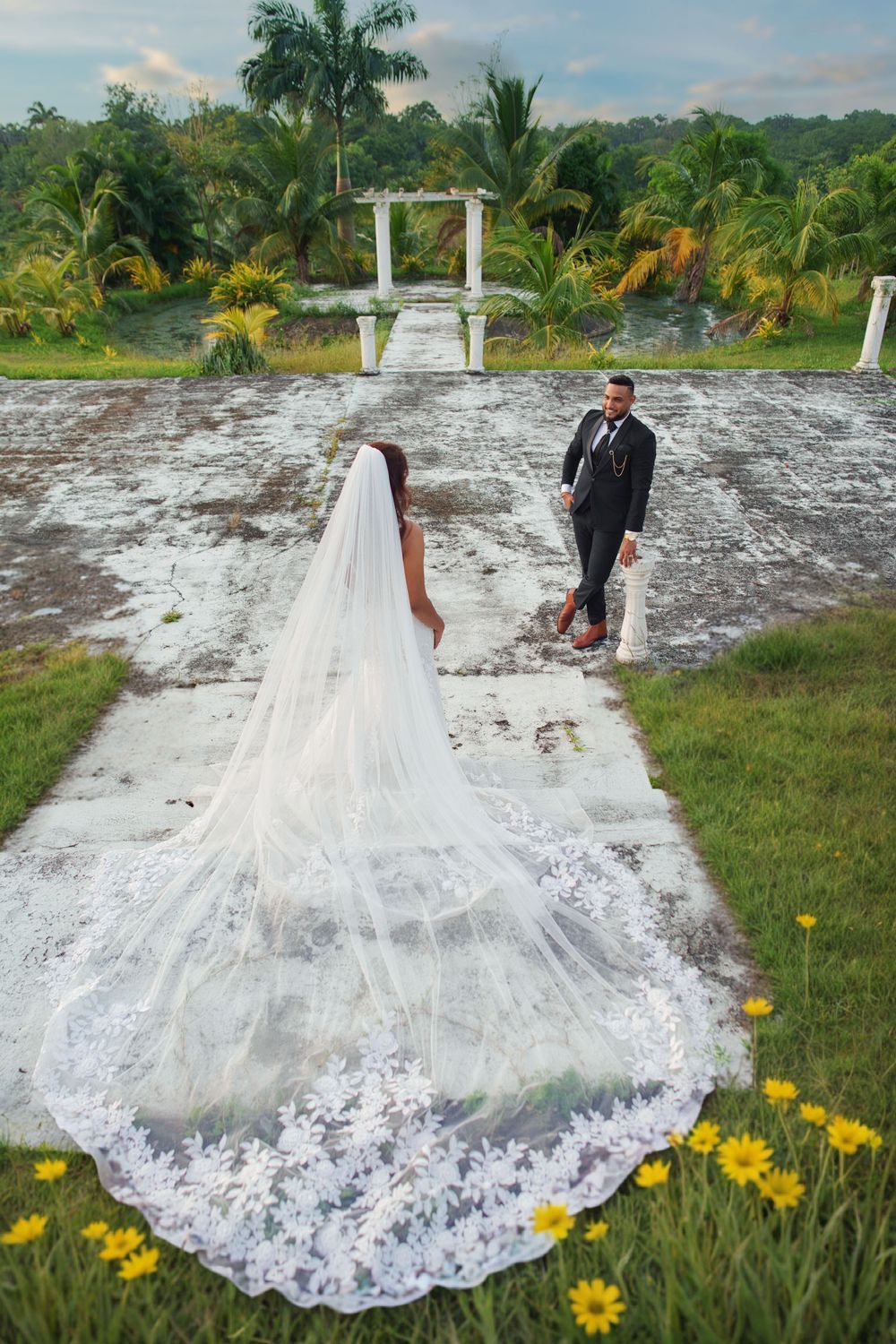 A stunning cathedral train wedding dress flows across a grassy field with yellow flowers and palm trees in the background.