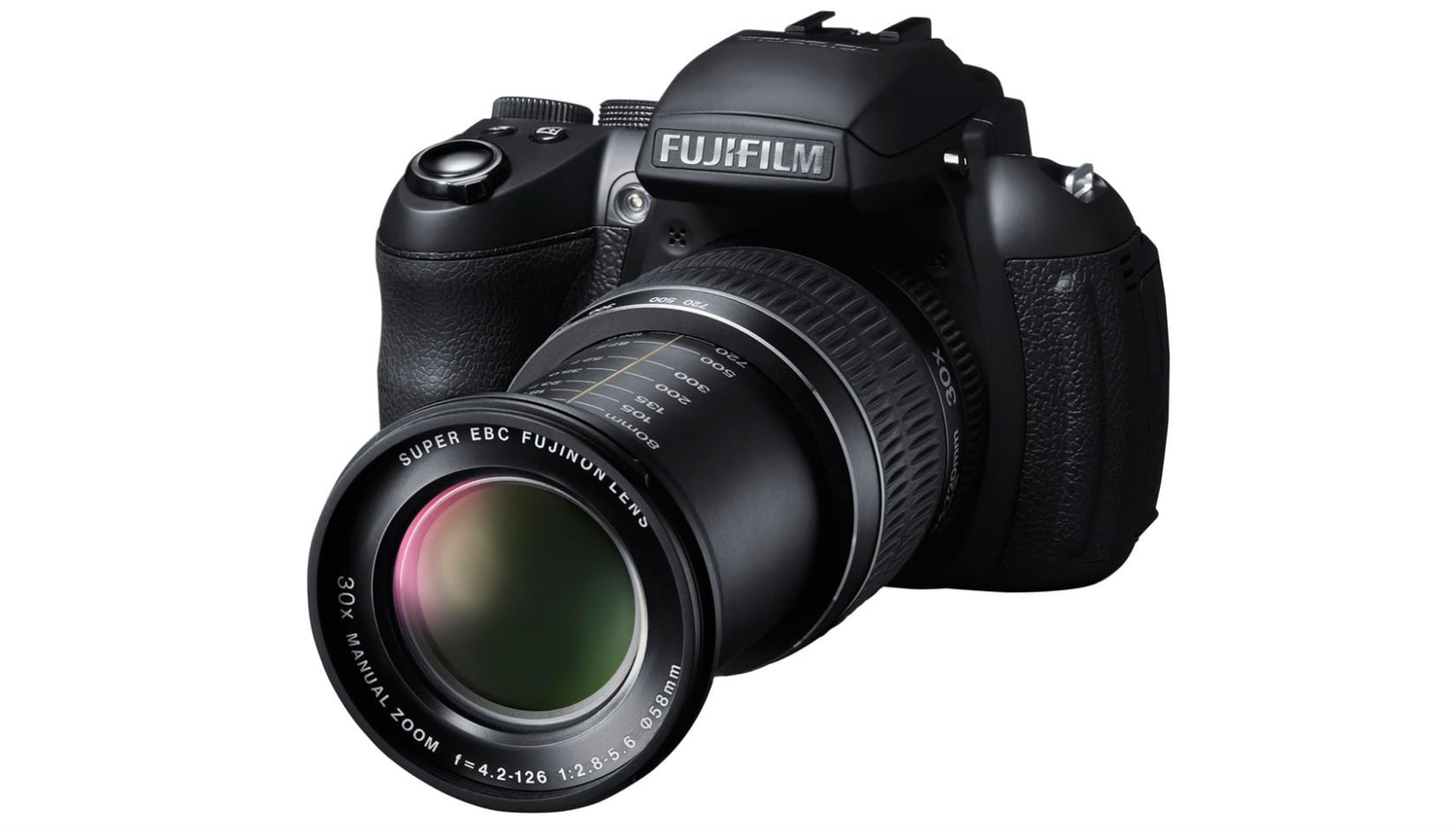 Fujifilm FinePix HS series bridge camera with long telephoto zoom lens.