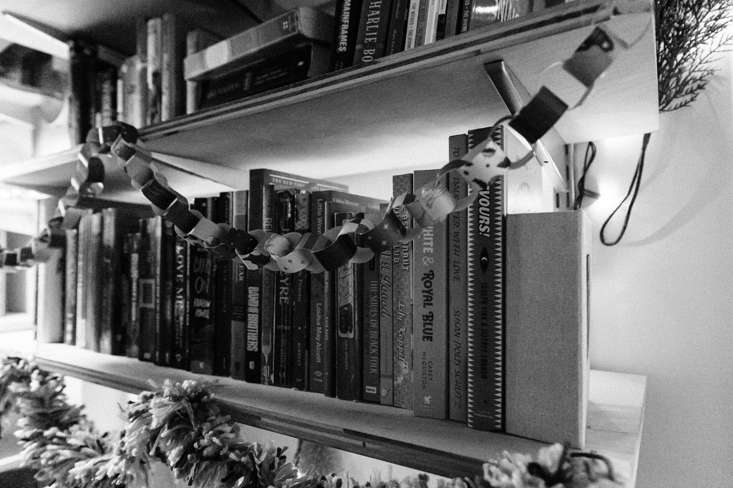A close-up view of books arranged on wooden shelves with decorative objects and wall art in the background.