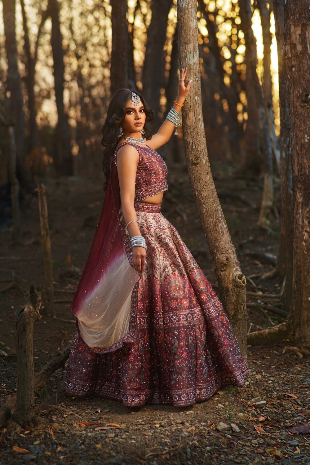 A person in an ornate burgundy and gold traditional Indian dress poses gracefully among trees at sunset.