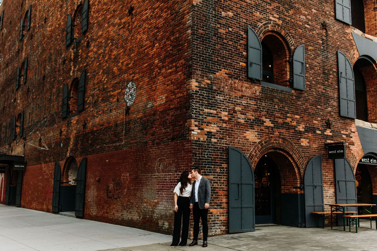 Architectural details of historic red brick warehouse building in DUMBO Brooklyn.