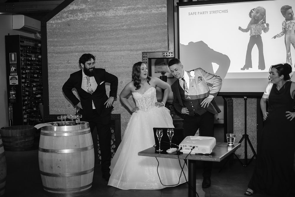 A black and white collage of vintage wedding photos showing couples dancing and celebrating at their receptions.