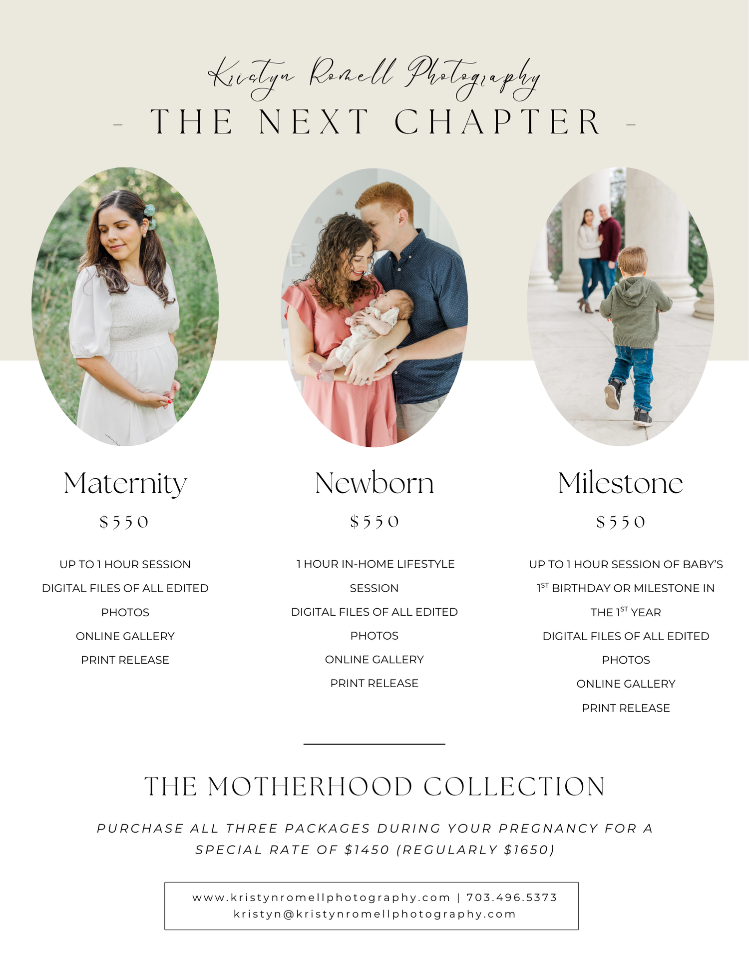 Photography pricing menu showing maternity, newborn and milestone session packages.