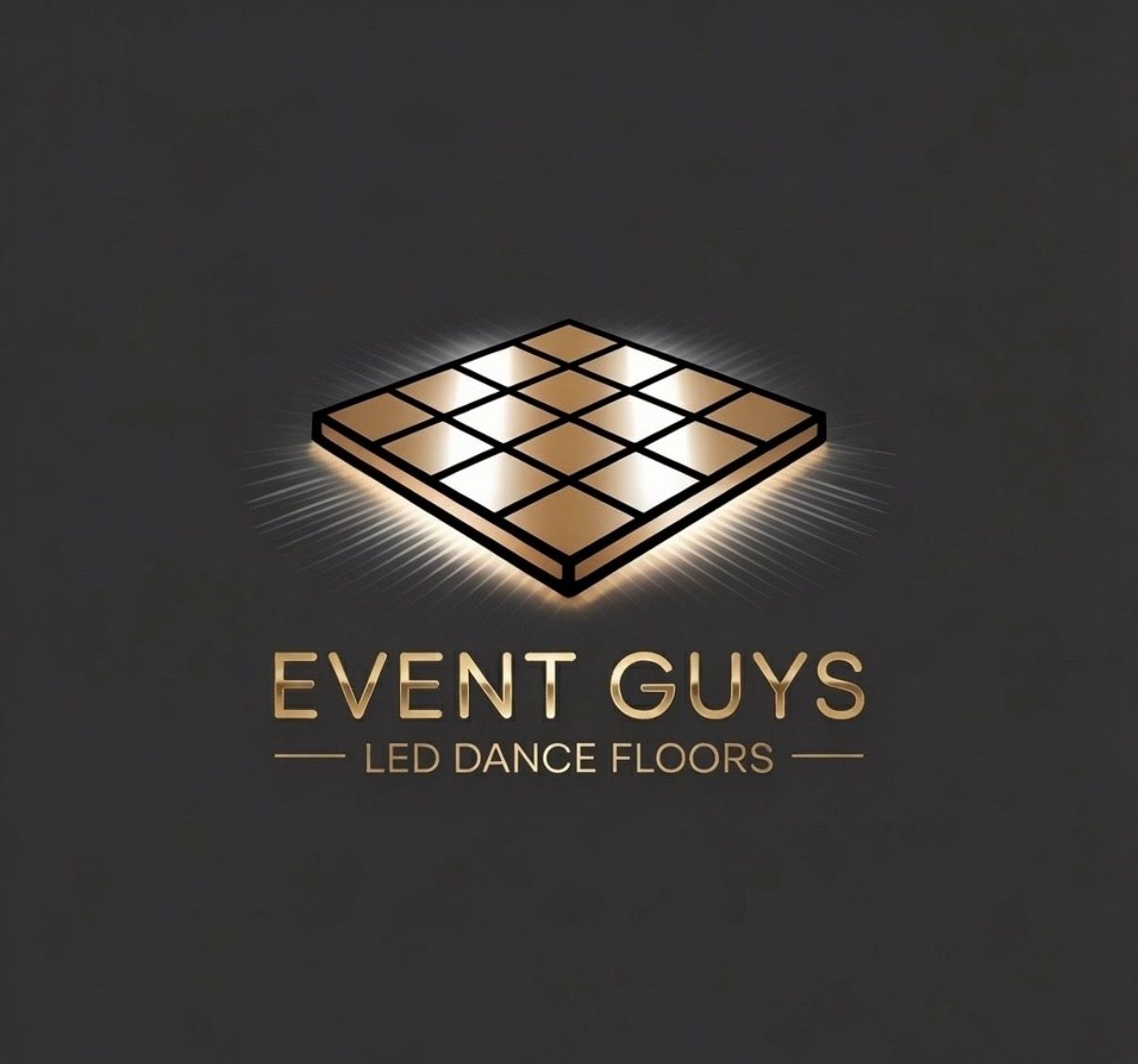 Gold LED dance floor logo design with illuminated checkered pattern on dark background.