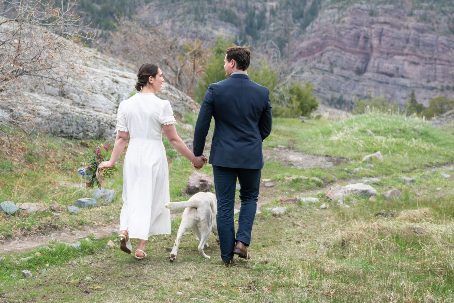 A bride and groom walk hand in hand in a rocky outdoor setting in green grass with their dog walking between them. They are facing away.