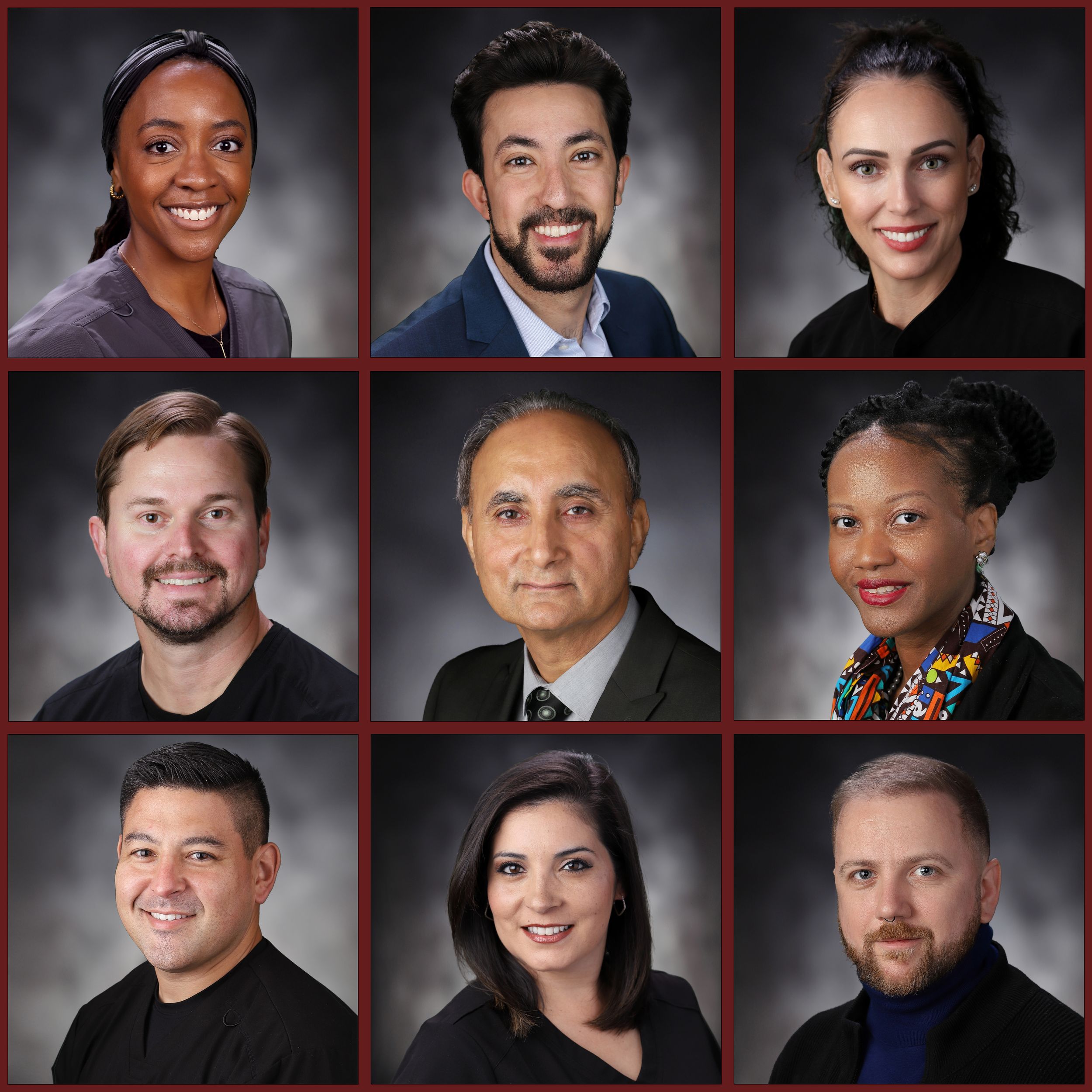 Professional headshot portraits of people in business attire against dark backgrounds with studio lighting.