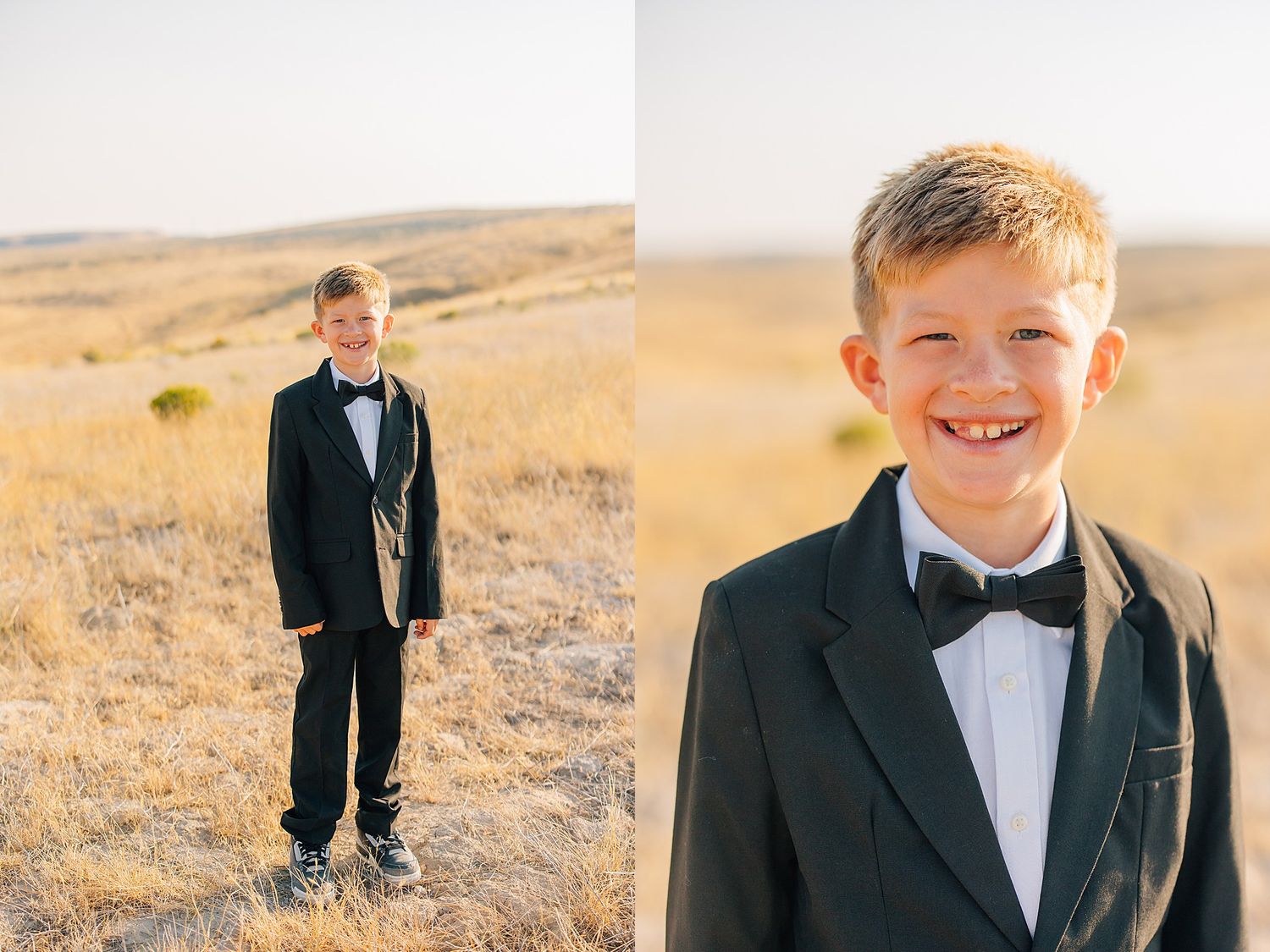 Young ring bearer in a formal black tuxedo and bowtie standing in a golden field.