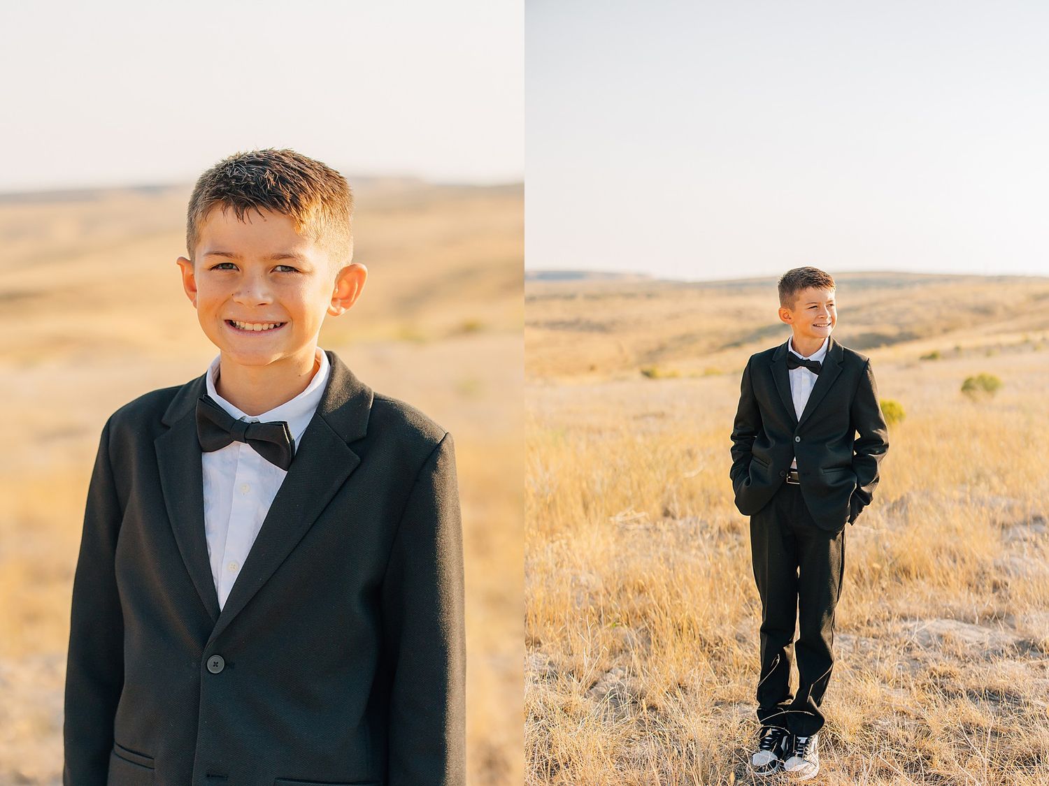 Wedding couple embraces in golden field at sunset during outdoor portrait session.