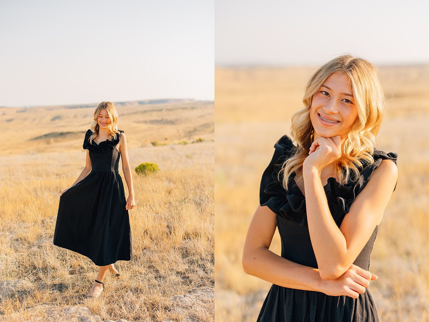 A woman in a black dress poses gracefully in a golden field during sunset, creating a romantic and ethereal scene.