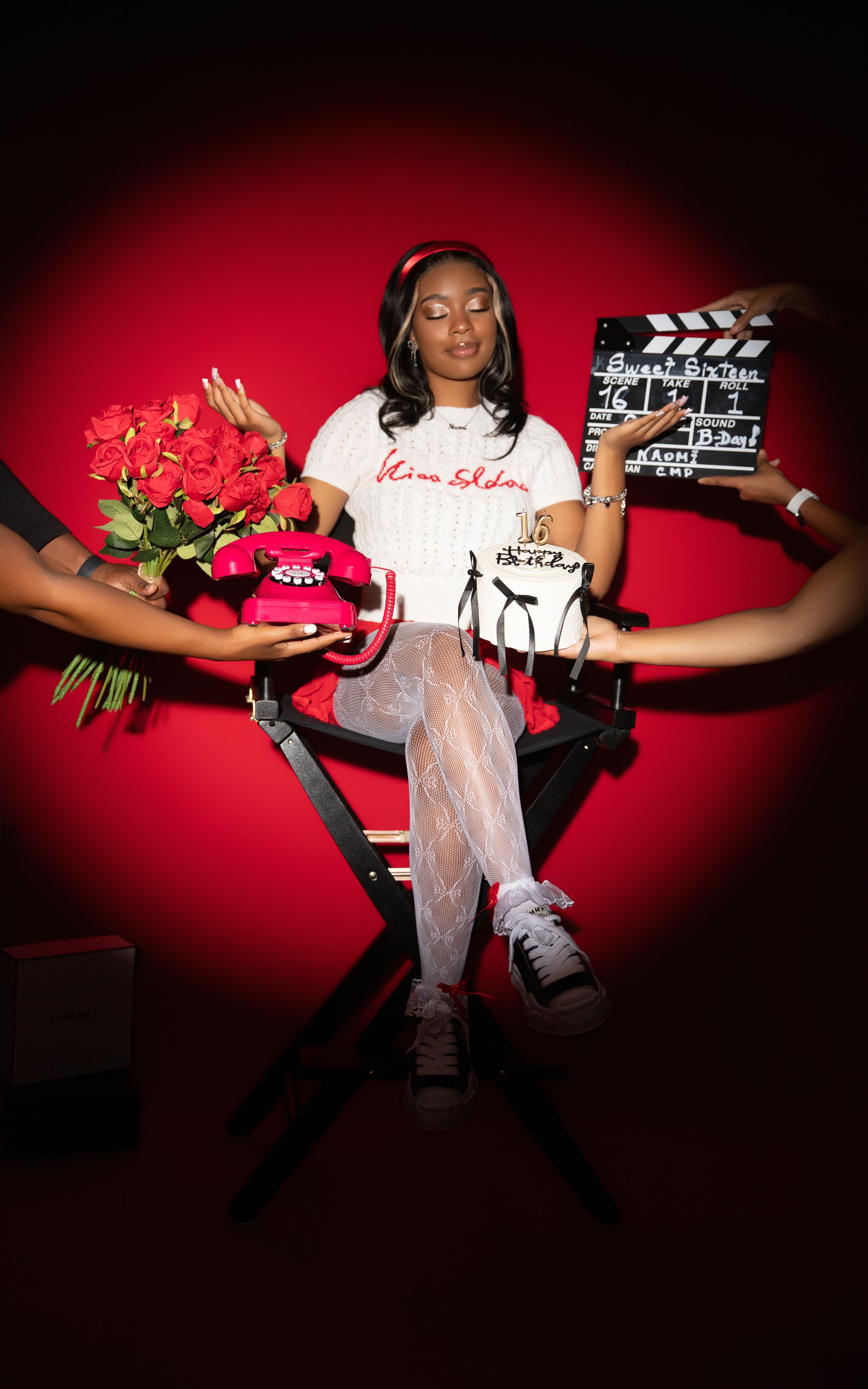 Artistic photo sequence with roses and objects displayed in dramatic red and black lighting effects.