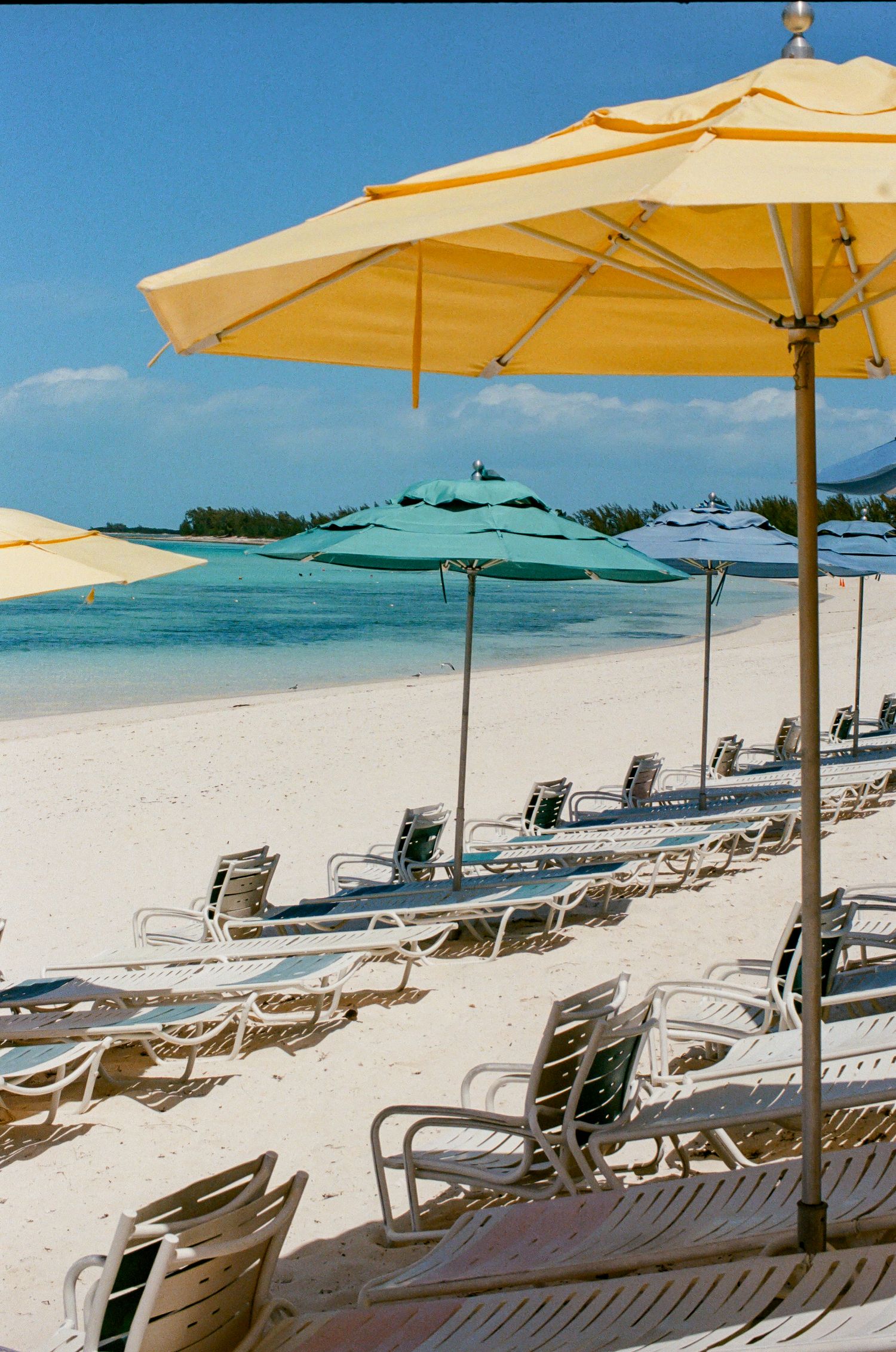 Tropical beach with yellow and green umbrellas over white lounge chairs on white sand beside crystal blue water.
