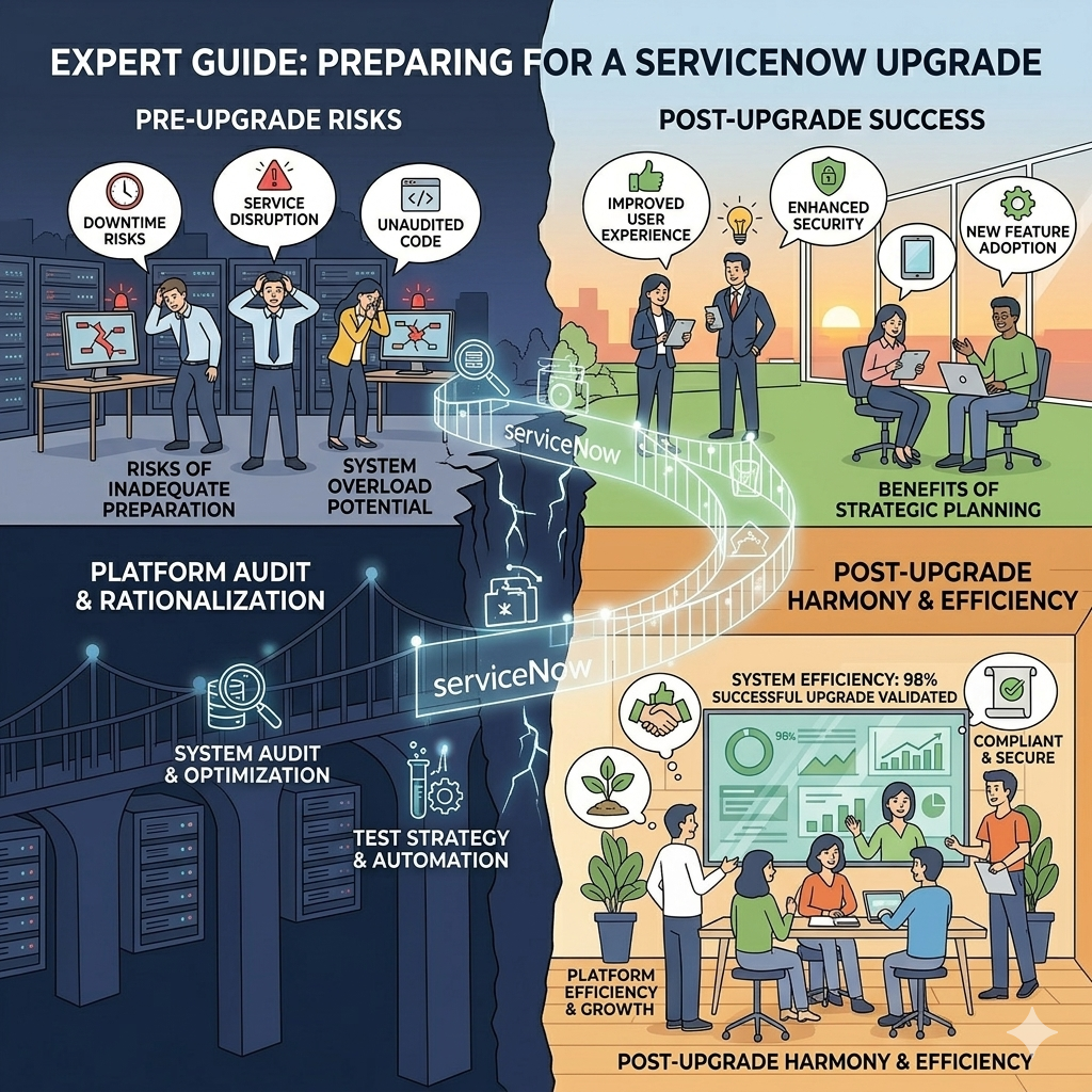Expert guide infographic outlining pre-upgrade risks, post-upgrade success, and platform audit strategies for a ServiceNow upgrade.