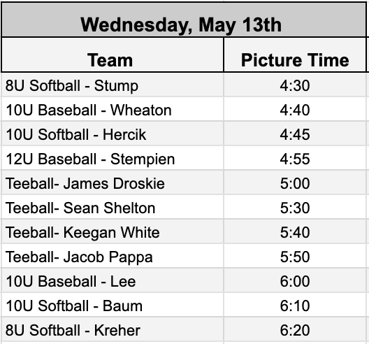 Baseball and softball team photo schedule with time slots organized by team name.