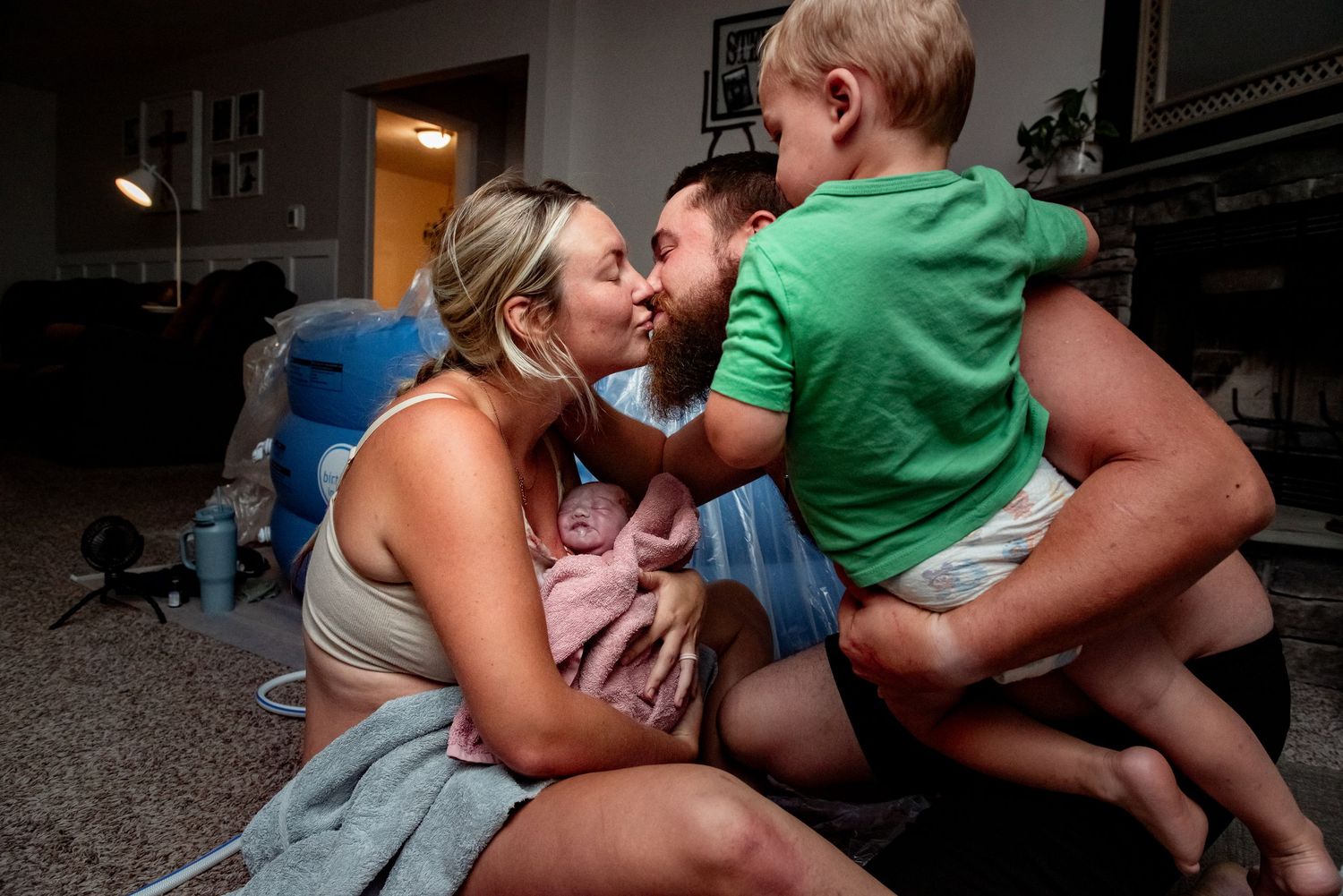 A sequence of candid family moments showing parents and children embracing and playing together at home.
