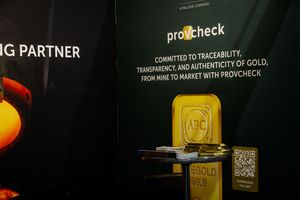 Provcheck gold traceability display booth featuring ARC-certified gold bars at a mining industry event.