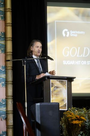 Speaker presenting at Gold Industry Group podium during gold mining conference event.