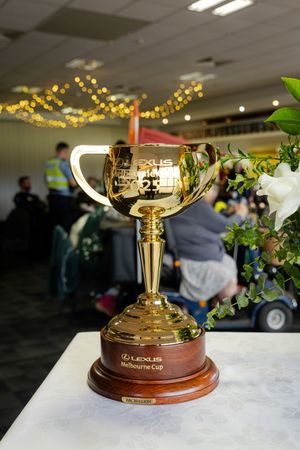 Lexus Melbourne Cup gold trophy displayed on a white table at an indoor event venue.