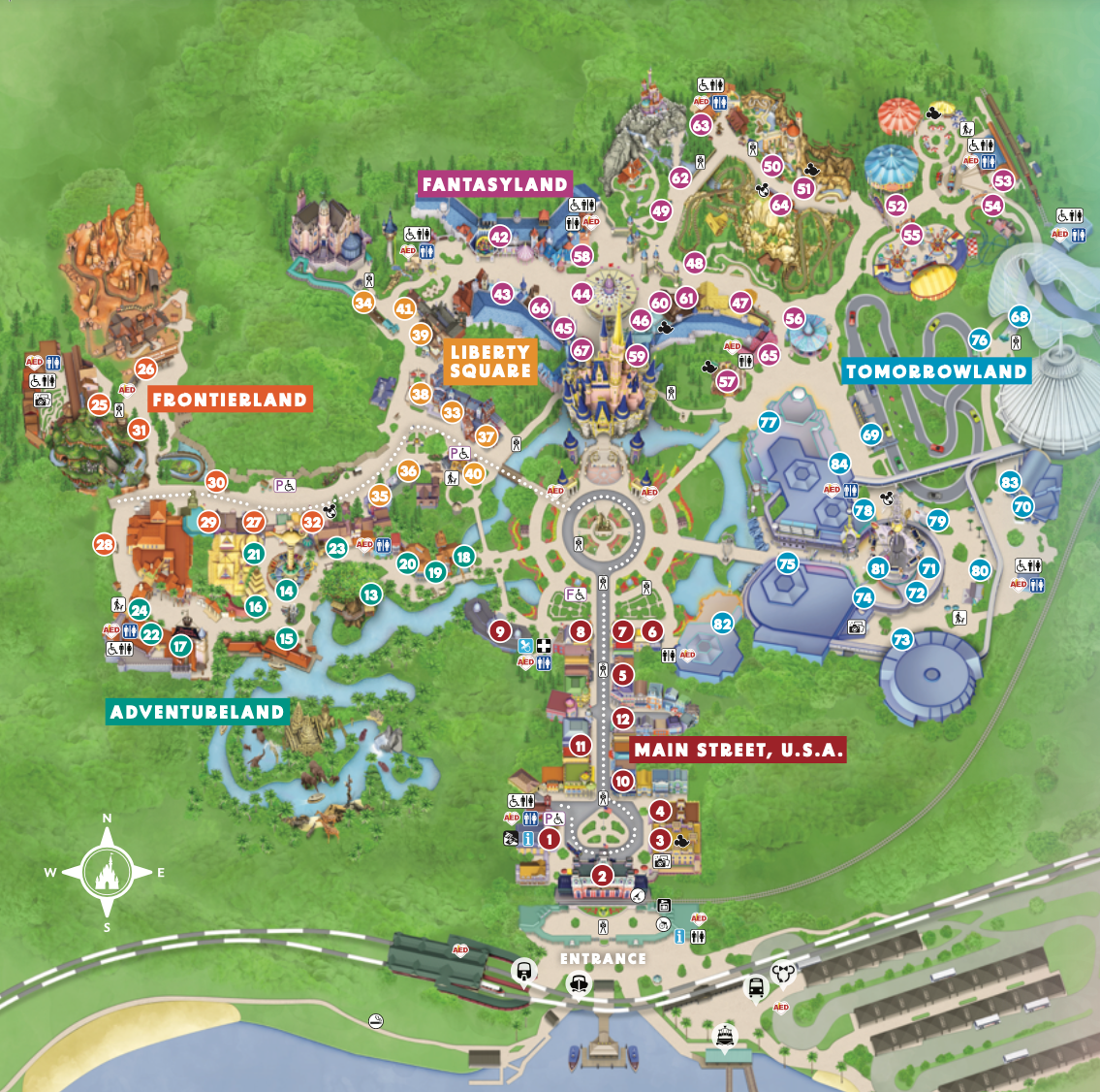 Aerial view of a colorful theme park map showing attractions, paths and water features at Walt Disney World Resort.
