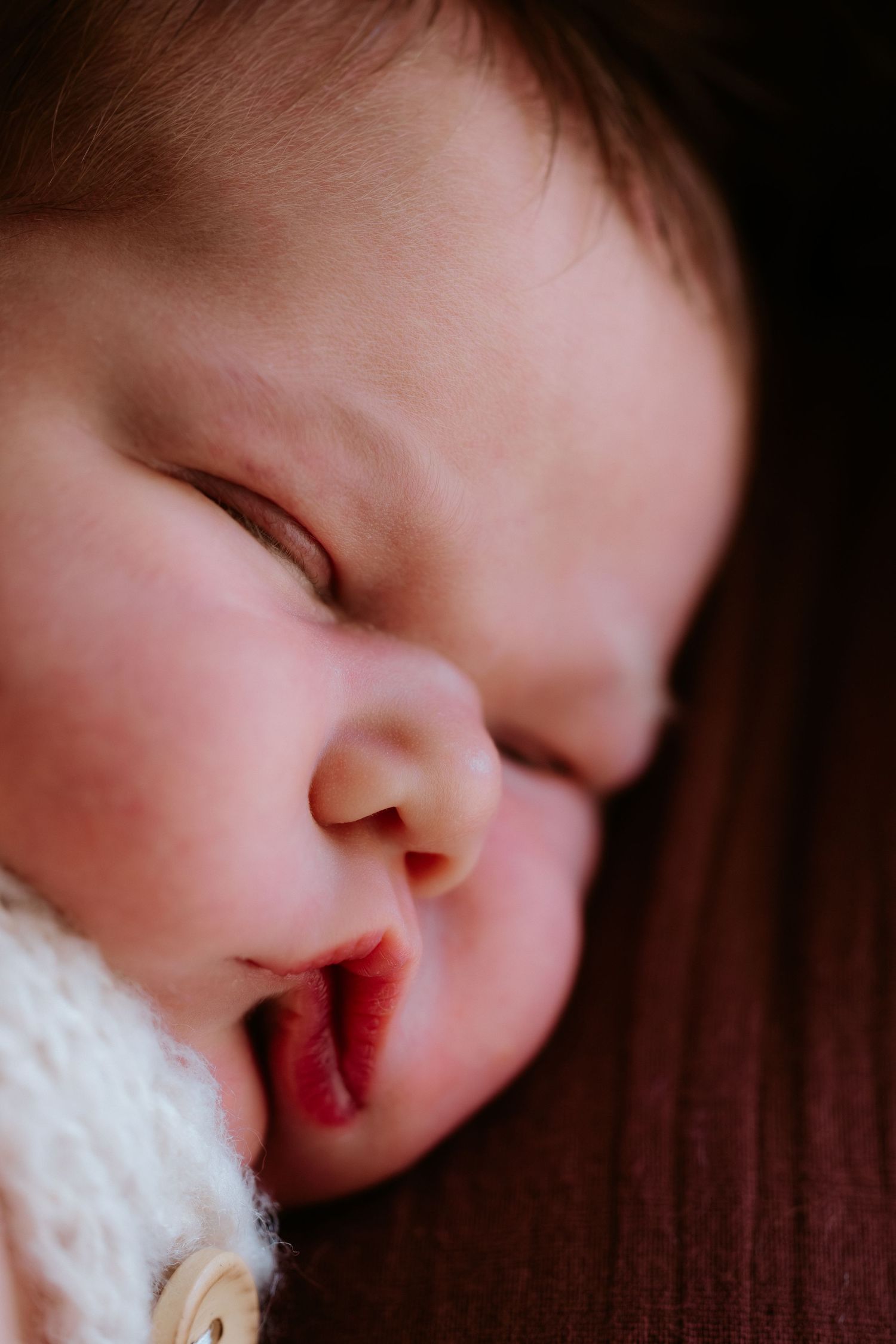 Close-up portrait of a peacefully sleeping newborn baby with chubby cheeks and tiny lips.