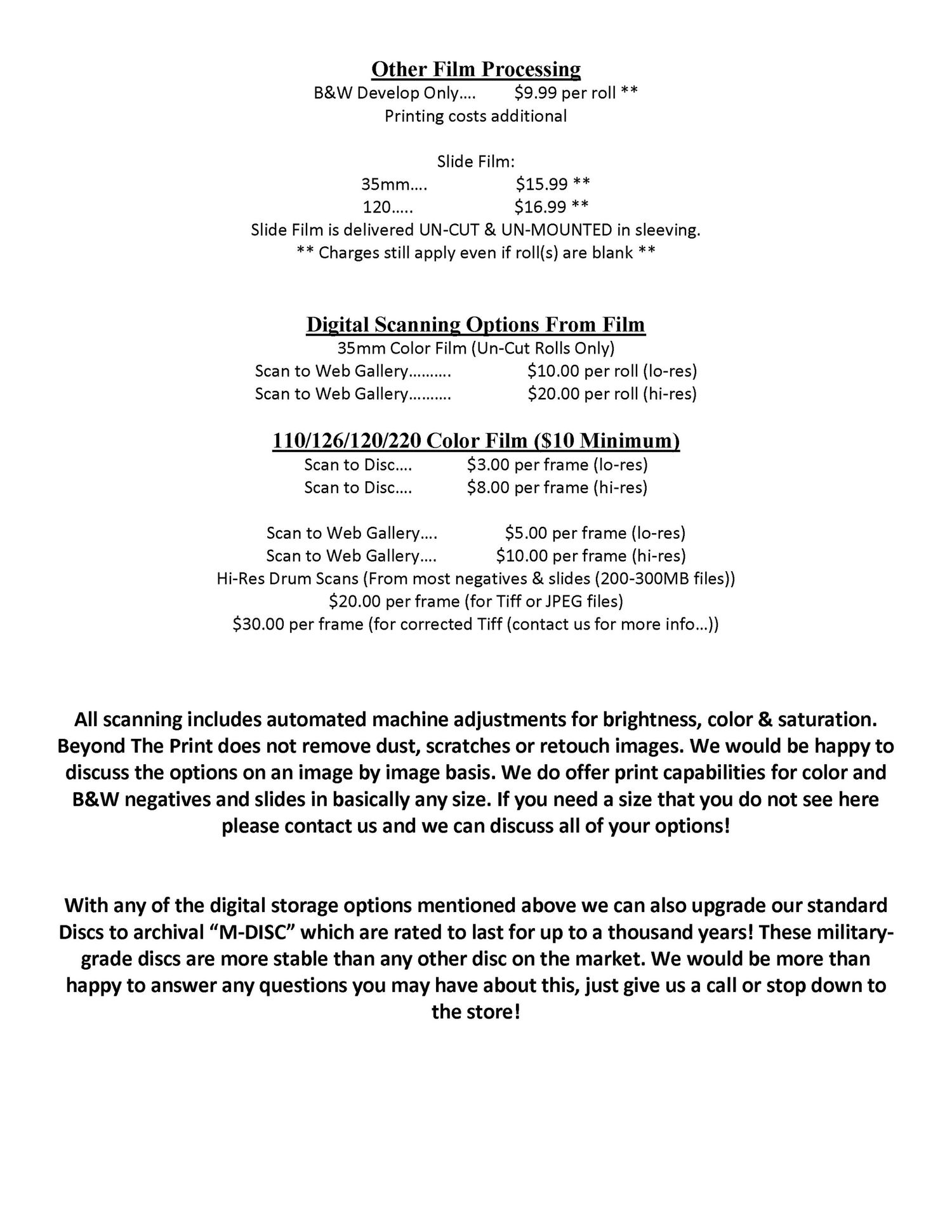 Film processing price list showing B&W develop, slide film, and digital scanning options with pricing details.