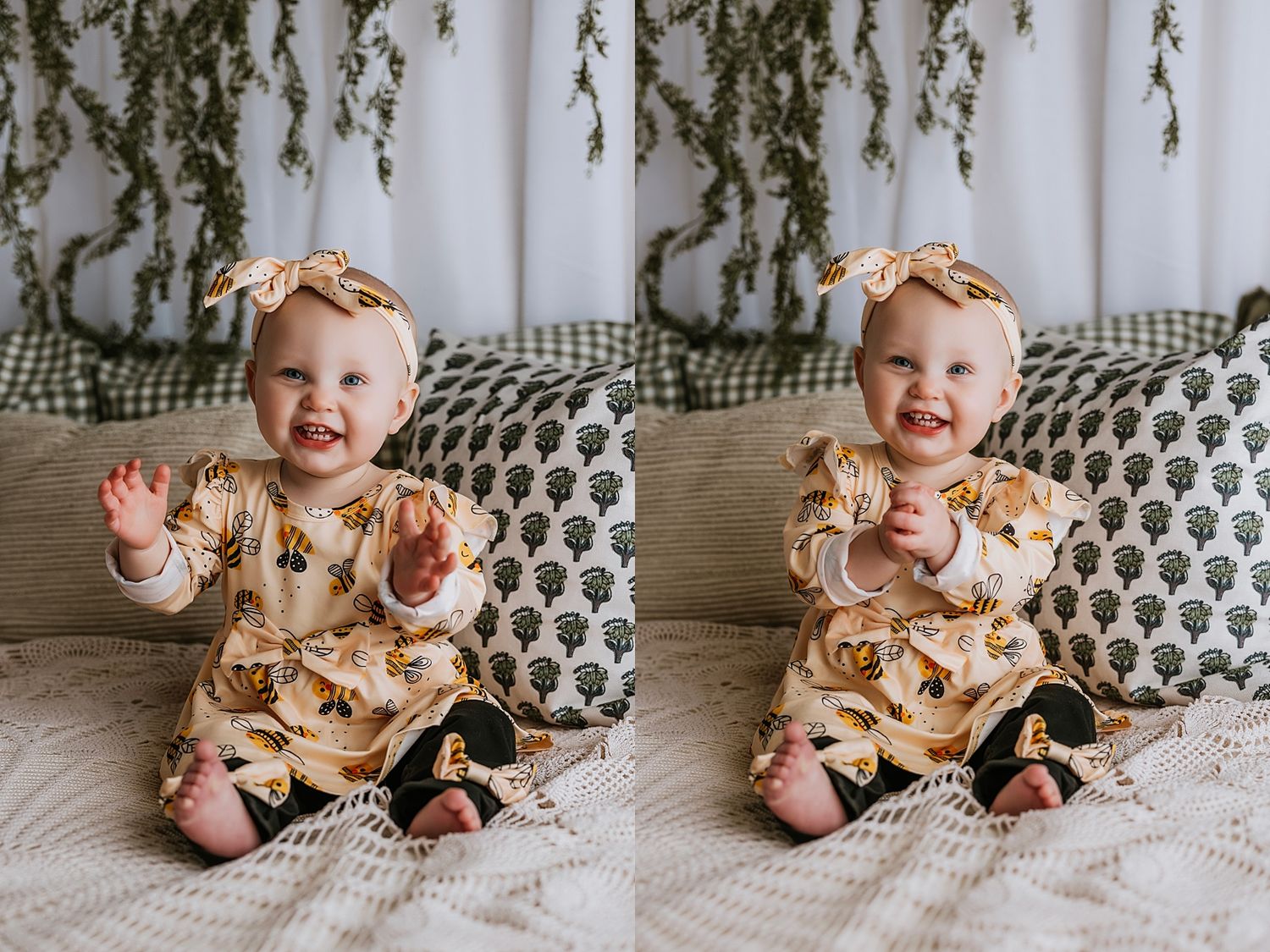 Smiling baby in yellow floral outfit and bow headband sitting on a white blanket, shown in a side-by-side diptych photo.