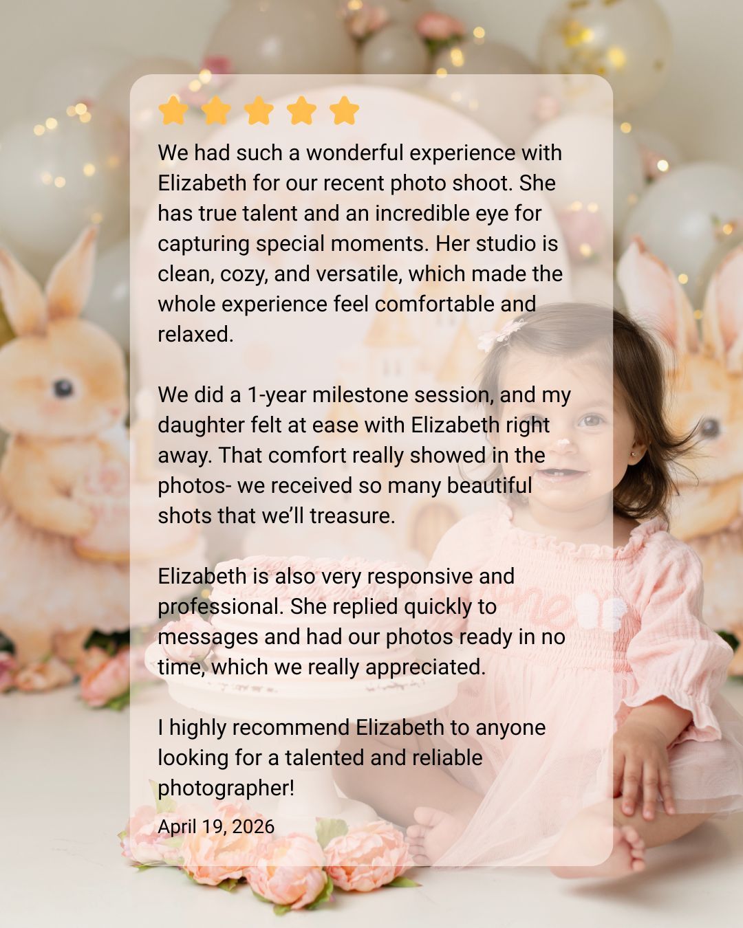 Five-star customer review for Elizabeth’s photography studio featuring a toddler girl in pink dress during a 1-year milestone session.