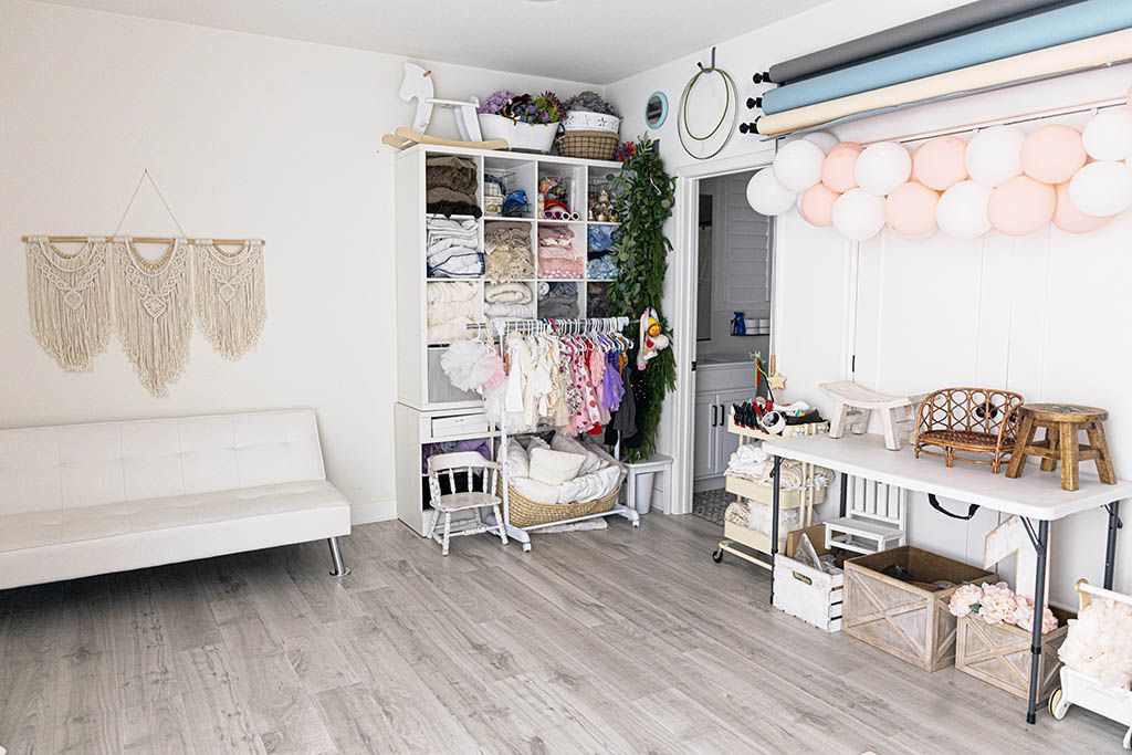 Bright boho studio space with macrame wall art; Photography Studio in Menifee.