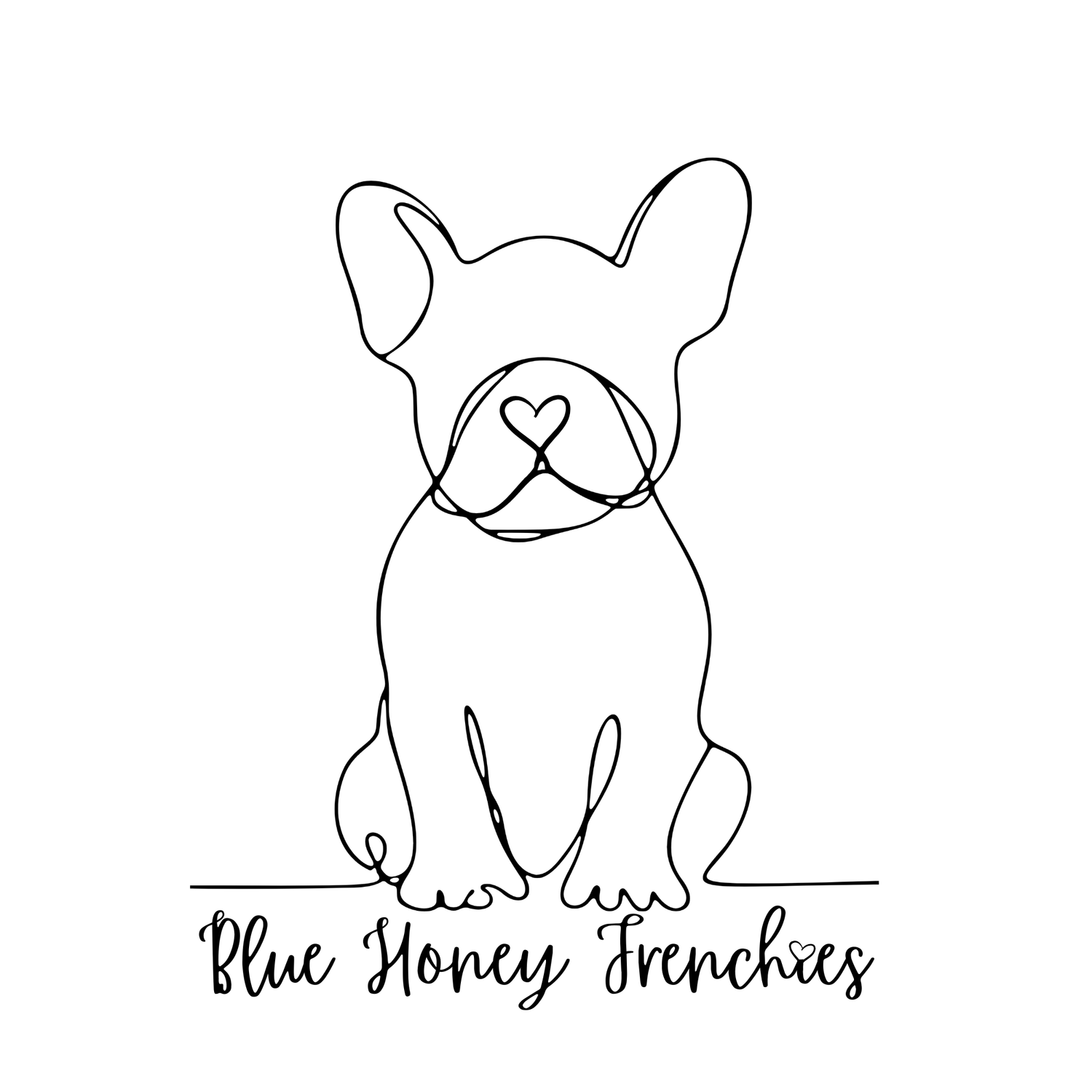Minimalist line art French Bulldog logo with a heart detail for Blue Honey Frenchies breeder.