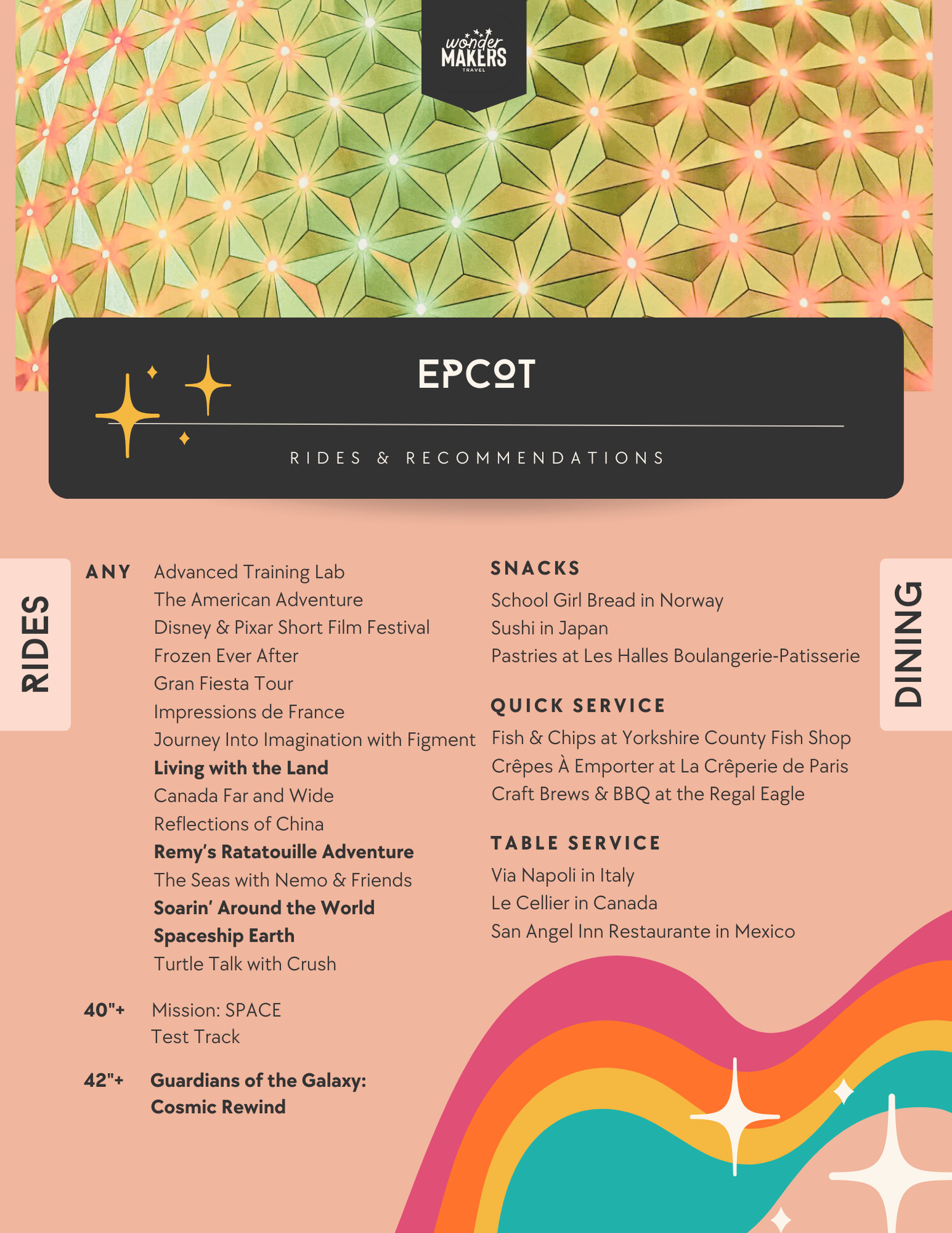 Epcot park guide listing rides and dining recommendations with rainbow design elements.