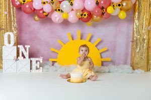 you are my sunshine cake smash session. toddler girl wearing yellow dress sitting in front of pink and yellow background