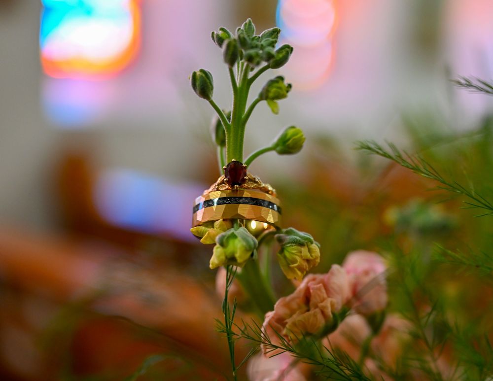 Gold wedding rings stacked on a green floral stem with soft bokeh church lights in the background.