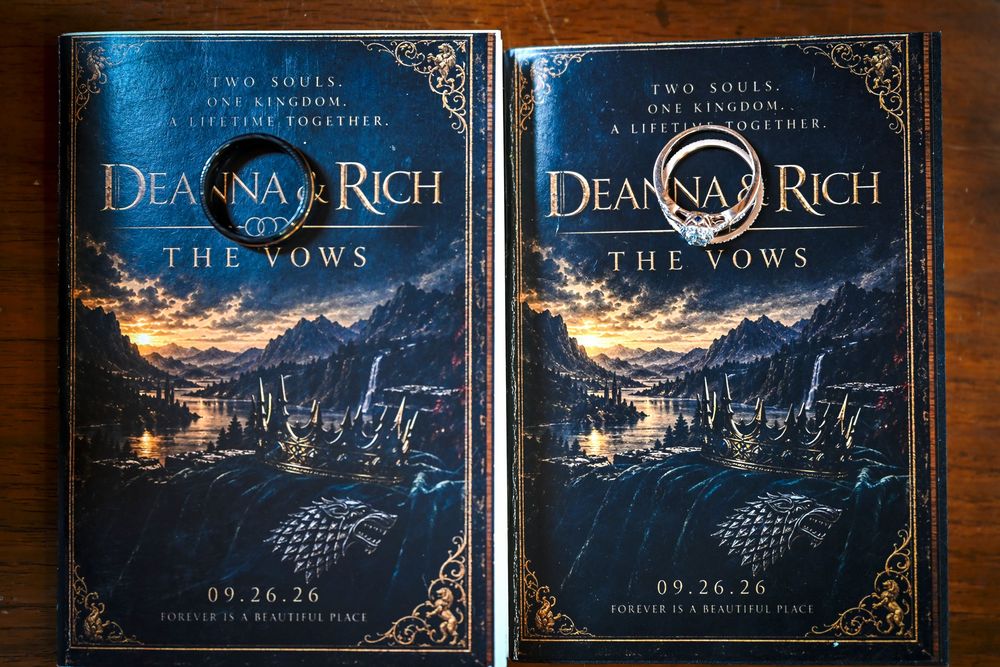 Two Game of Thrones-style wedding vow booklets titled Deanna & Rich: The Vows, with a direwolf crest, rings, and a 09.26.26 date.