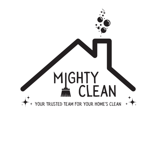 Mighty Clean house cleaning service logo with black roof and chimney design.