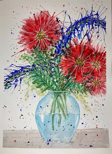 Watercolor painting progression of red and blue flowers in a light blue glass vase with splattered details.
