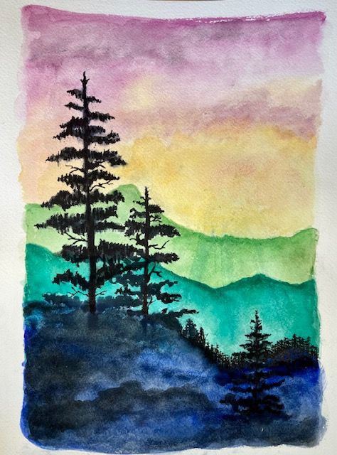 Watercolor painting series showing sunset sky with silhouetted pine trees against colorful gradient background.