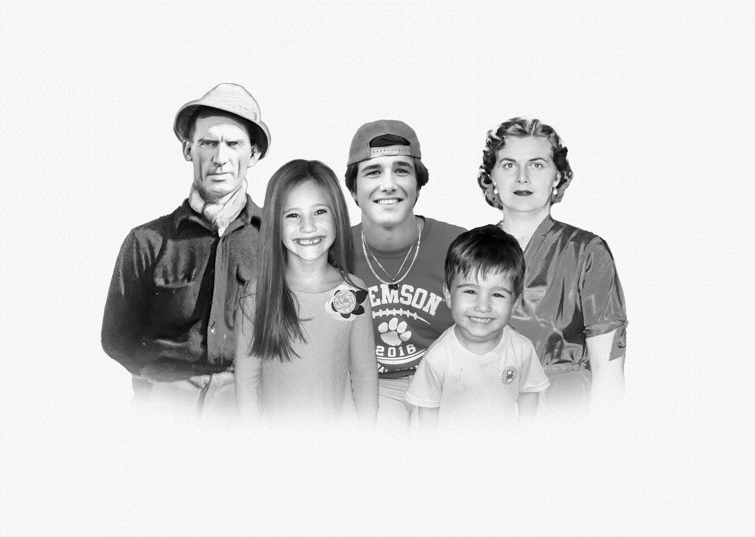 Black and white family group portrait with vintage style.